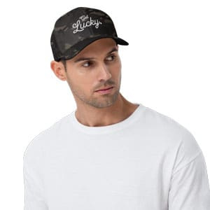 Photo of man in embroidered hat saying "Get Lucky"